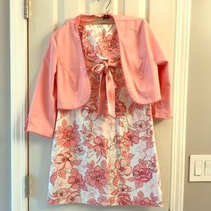 Floral strapless dress with 3/4 sleeve jacket.